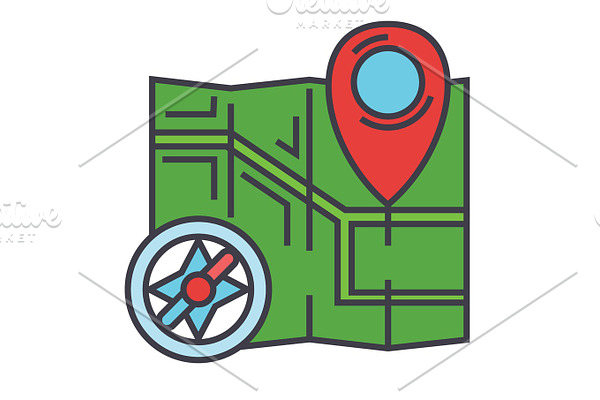 City map, navigation, compass concept. Line vector icon. Editable stroke. Flat linear illustration isolated on white background