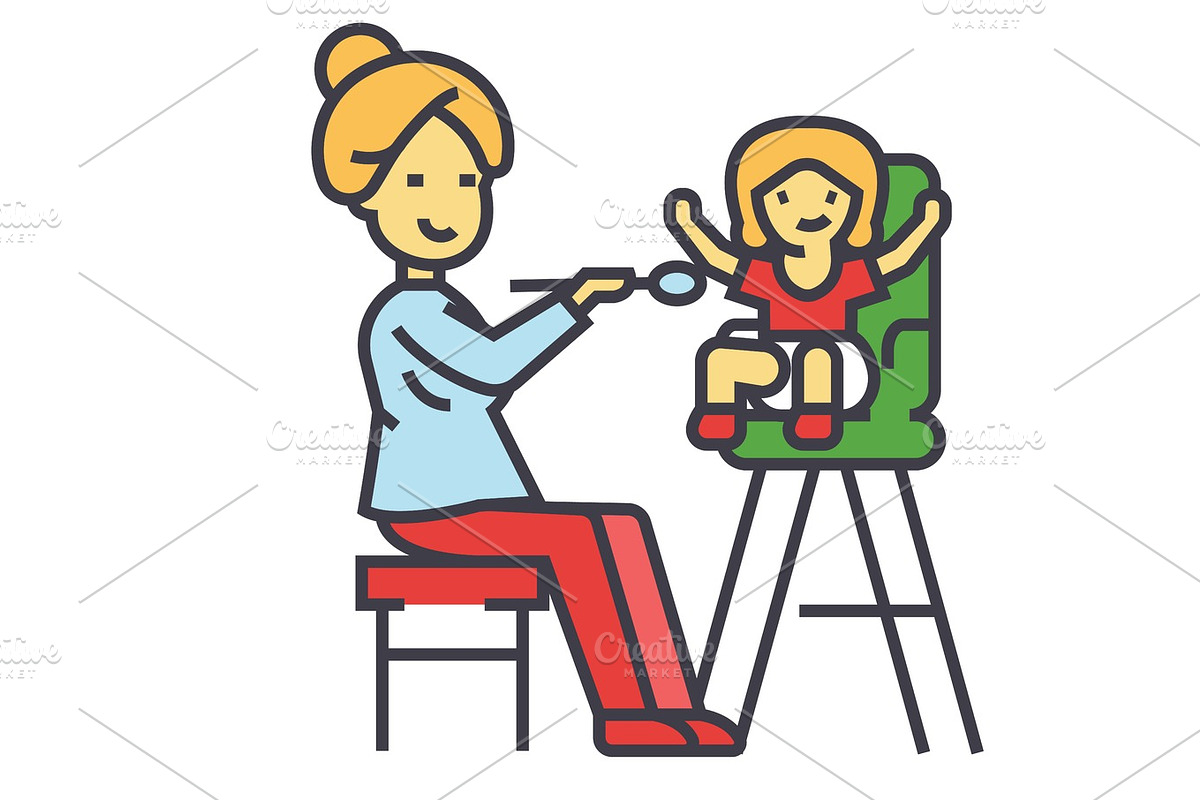 Mother feeding child in highchair, child feeding concept. Line vector icon. Editable stroke. Flat linear illustration isolated on white background in Illustrations - product preview 8