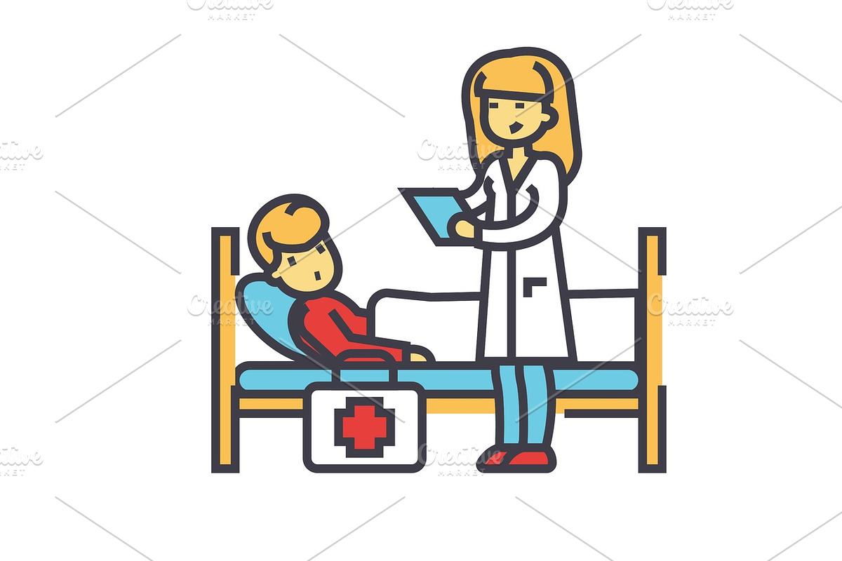 Nurse and patient, doctor, clinic, hospital concept. Line vector icon. Editable stroke. Flat linear illustration isolated on white background in Illustrations - product preview 8