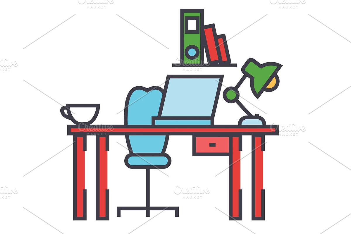 Office desk, workplace, workspace concept. Line vector icon. Editable stroke. Flat linear illustration isolated on white background in Illustrations - product preview 8