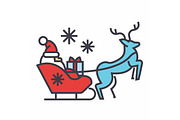 Santa Claus in a sleigh with a deer concept. Line vector icon. Editable stroke. Flat linear illustration isolated on white background