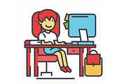 School girl, study workplace, table with computer, book and backpack concept. Line vector icon. Editable stroke. Flat linear illustration isolated on white background