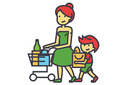 Shopping grocery, mother with son and shopping cart, retail concept. Line vector icon. Editable stroke. Flat linear illustration isolated on white background