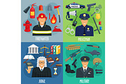 Policeman, firefighter, military, judge icon set