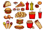Fast food burger, drink and dessert sketch set