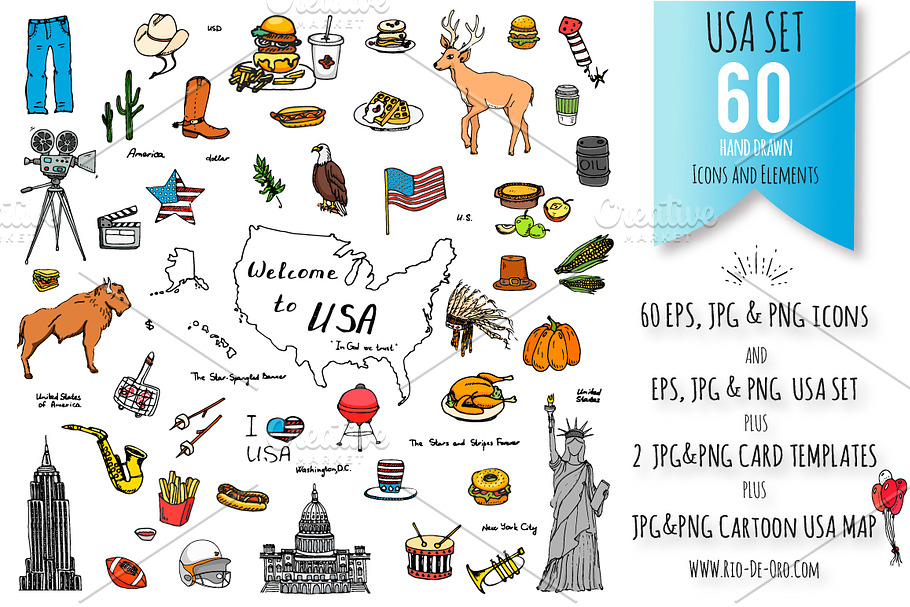 60 USA color hand drawn symbols! in Objects - product preview 8
