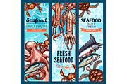 Seafood and fish market banner set with sea animal