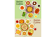 Italian cuisine pasta dishes icon set, food design