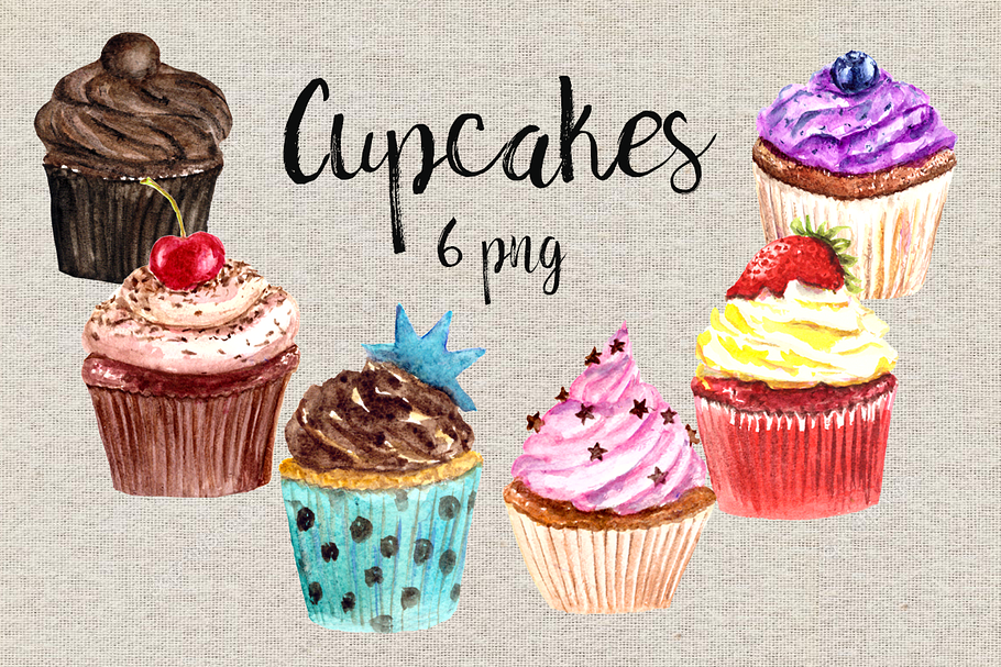 Watercolor Cupcakes Clip Art Set in Objects - product preview 8