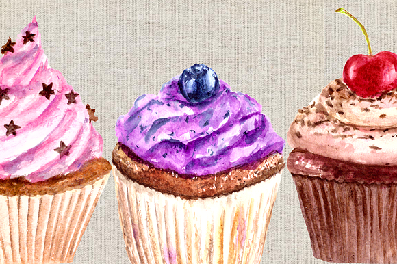 Watercolor Cupcakes Clip Art Set in Objects - product preview 1
