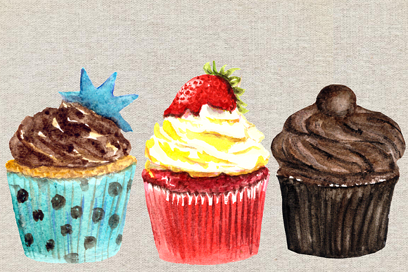 Watercolor Cupcakes Clip Art Set in Objects - product preview 2