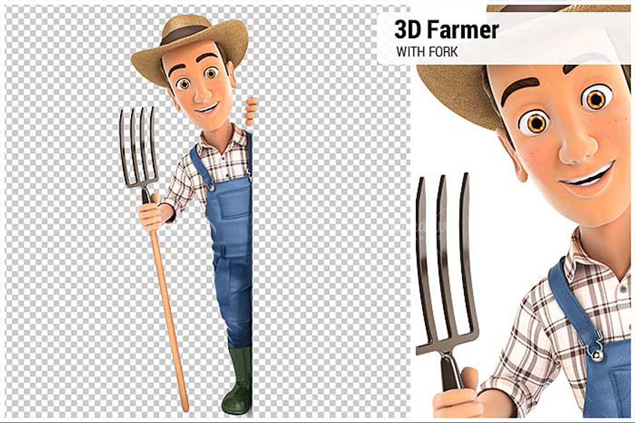 3D Farmer with Fork Behind Wall in Illustrations - product preview 8