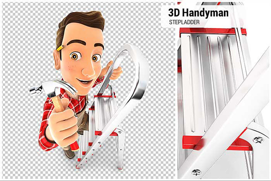 3D Handyman on Stepladder in Illustrations - product preview 8