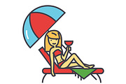 Woman relaxing on beach in sun bed and umbrella with cocktail, summer vacation, resort relax concept. Line vector icon. Editable stroke. Flat linear illustration isolated on white background
