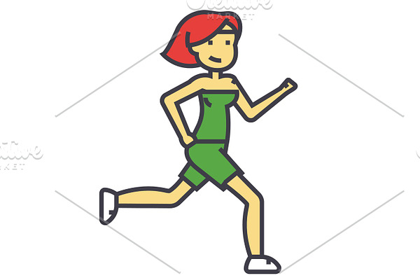 Woman running, female fitness, sporty girl, jogging concept. Line vector icon. Editable stroke. Flat linear illustration isolated on white background