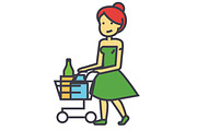 Woman shopping in supermarket with grocery cart concept. Line vector icon. Editable stroke. Flat linear illustration isolated on white background