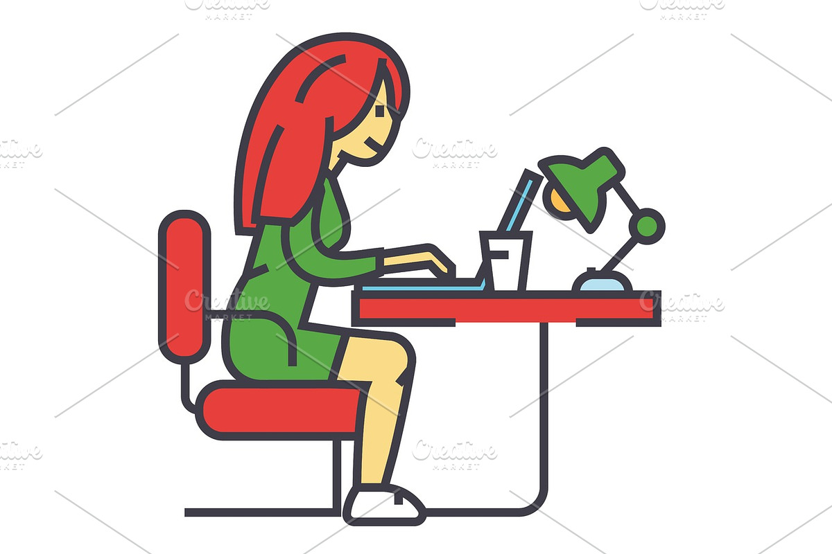 Woman working on notebook in office or at home, female freelancer concept. Line vector icon. Editable stroke. Flat linear illustration isolated on white background in Illustrations - product preview 8