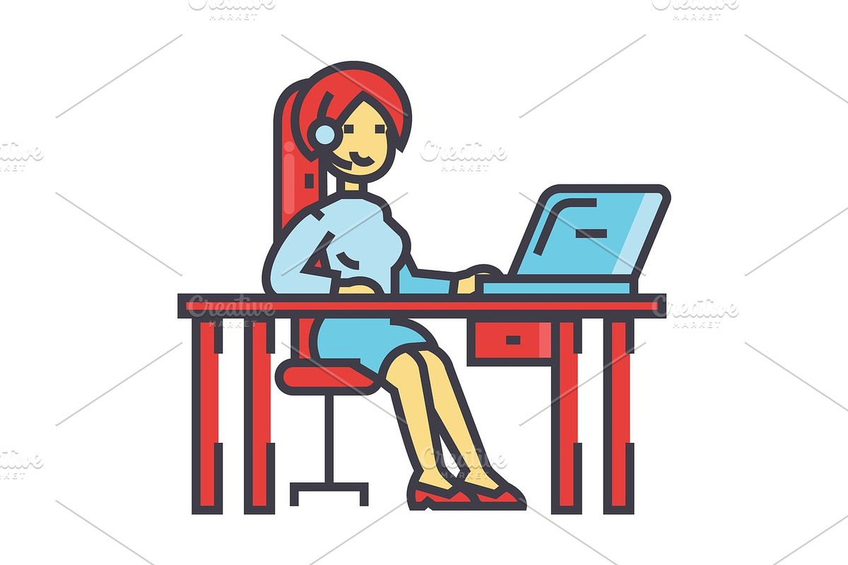 Woman working on table with laptop and headset, support service concept. Line vector icon. Editable stroke. Flat linear illustration isolated on white background in Illustrations - product preview 8