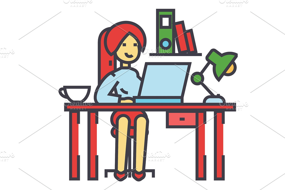 Woman working on the office table, office interior, freelancer concept. Line vector icon. Editable stroke. Flat linear illustration isolated on white background in Illustrations - product preview 8