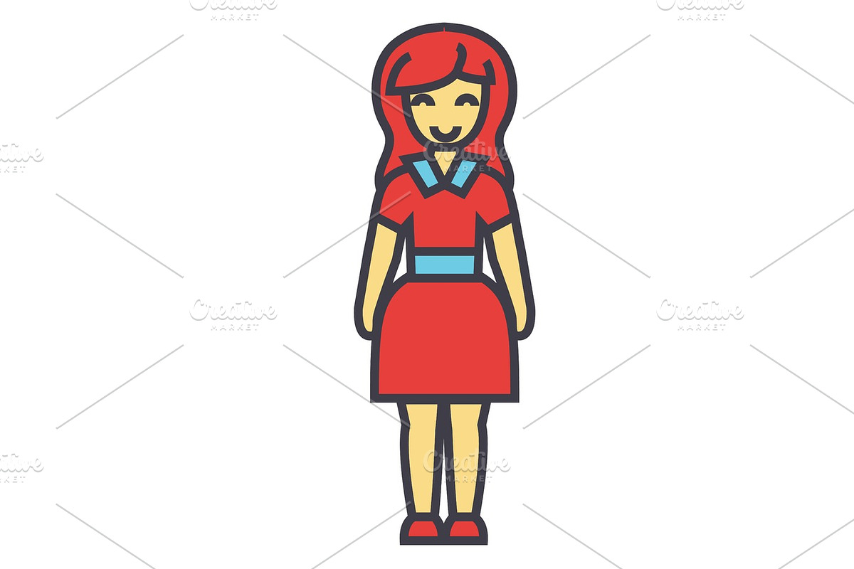 Standing young happy woman in cute dress concept. Line vector icon. Editable stroke. Flat linear illustration isolated on white background in Illustrations - product preview 8