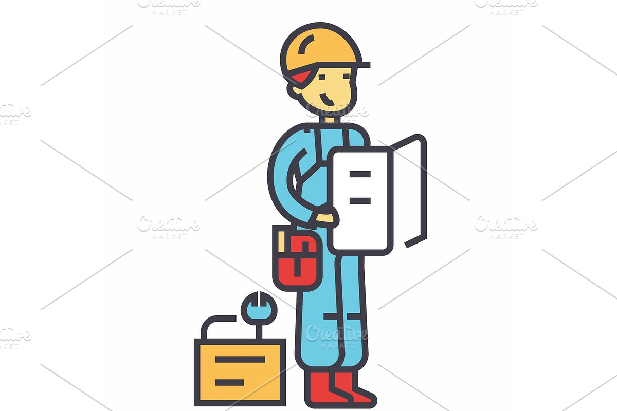 Worker with plan and tools concept. Line vector icon. Editable stroke. Flat linear illustration isolated on white background in Illustrations - product preview 8