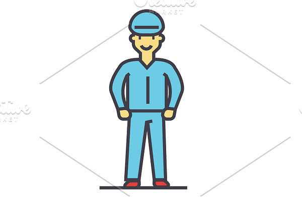 Industrial worker, craftsman, repairman concept. Line vector icon. Editable stroke. Flat linear illustration isolated on white background