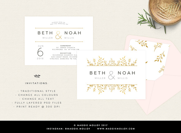 Gold Floral Wedding Invitation Suite in Wedding Templates - product preview 2