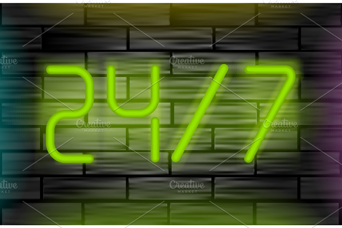 Neon message on brick wall. Open 24 7 in Textures - product preview 8