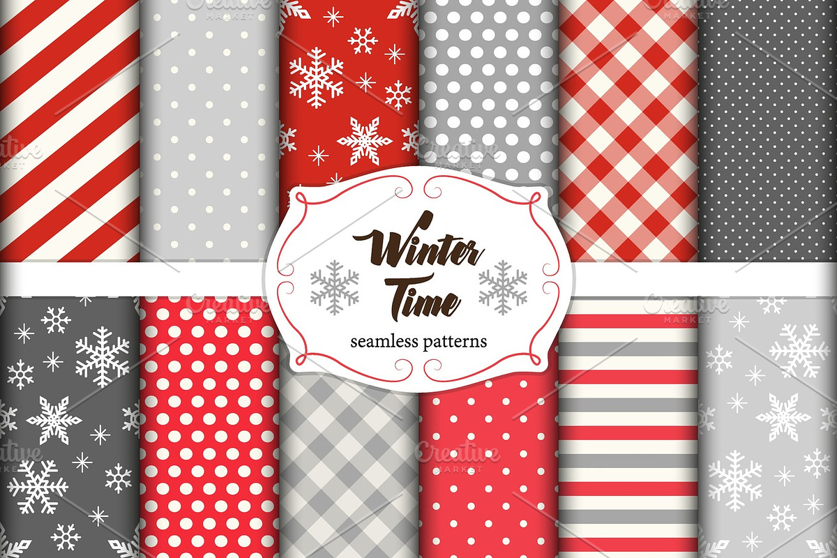 Set of 12 cute seamless Winter Time patterns with traditional ornaments in Illustrations - product preview 8