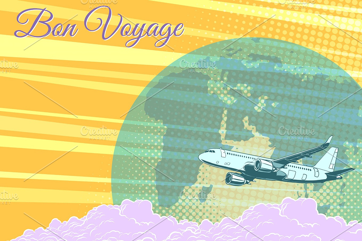 Plane flight travel tourism retro background Bon voyage in Illustrations - product preview 8