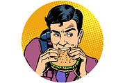 businessman eating a Burger and talking on the phone pop art ava