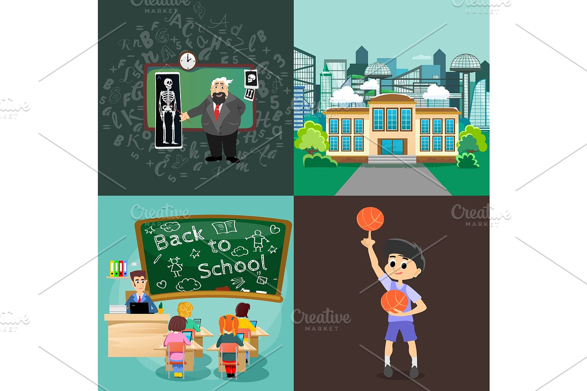 Back to school set of pictographs, childrens life newspaper and library, boys basketball girls cheerleader team, teacher with pupils at class, professor lecture college, building vector illustration in Illustrations - product preview 8
