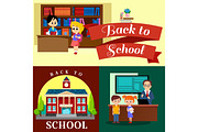 Back to school set of pictographs, childrens life newspaper and library, boys basketball girls cheerleader team, teacher with pupils at class, professor lecture college, building vector illustration