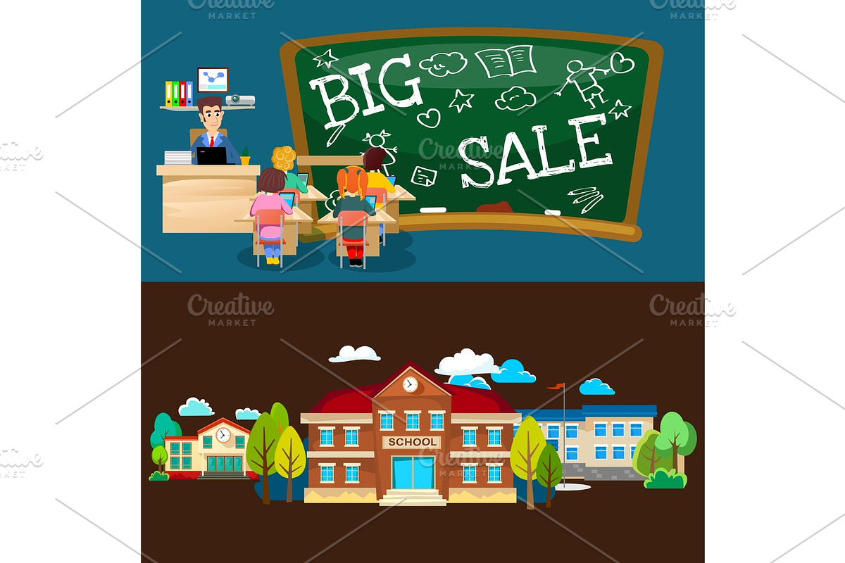 Back to school set of pictographs, childrens life newspaper and library, boys basketball girls cheerleader team, teacher with pupils at class, professor lecture college, building vector illustration in Illustrations - product preview 8