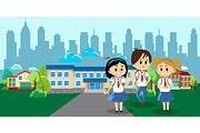 Back to school concept for banner, Children stand near school building and happy at beginning of the education year, students with backpacks and in uniform entered college vector illustration