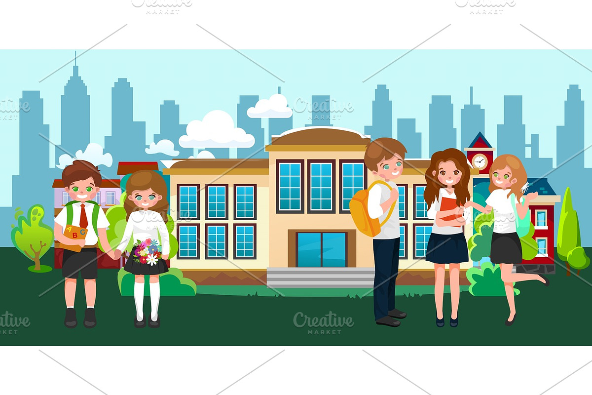 Back to school concept for banner, Children stand near school building and happy at beginning of the education year, students with backpacks and in uniform entered college vector illustration. in Illustrations - product preview 8