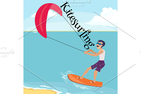 kitesurfing water extreme sports, isolated design element for summer vacation activity concept, cartoon wave surfing, sea beach vector illustration, active lifestyle adventure