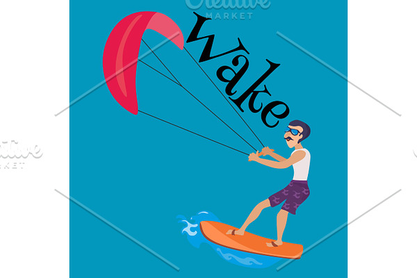 kitesurfing water extreme sports, isolated design element for summer vacation activity concept, cartoon wave surfing, sea beach vector illustration, active lifestyle adventure