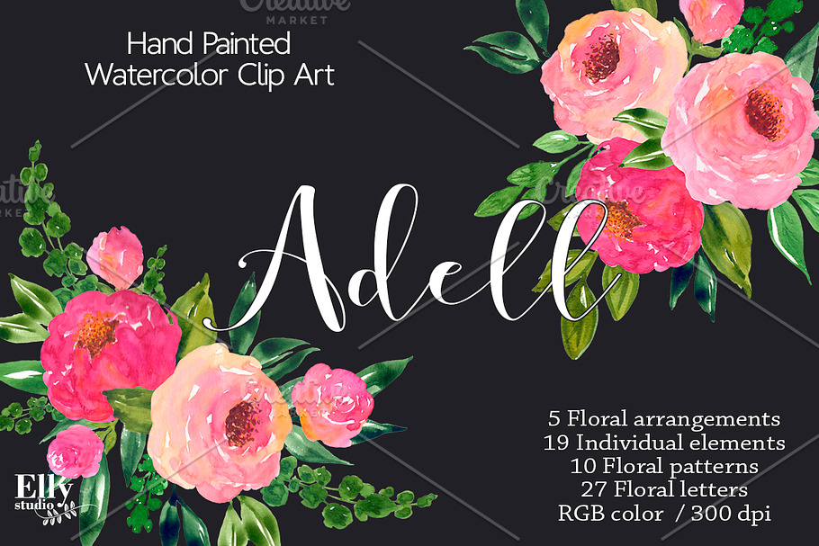 Watercolor Roses Clip Art - Adell