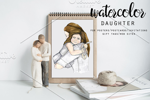 Watercolor Mother & Daughter in Illustrations - product preview 1