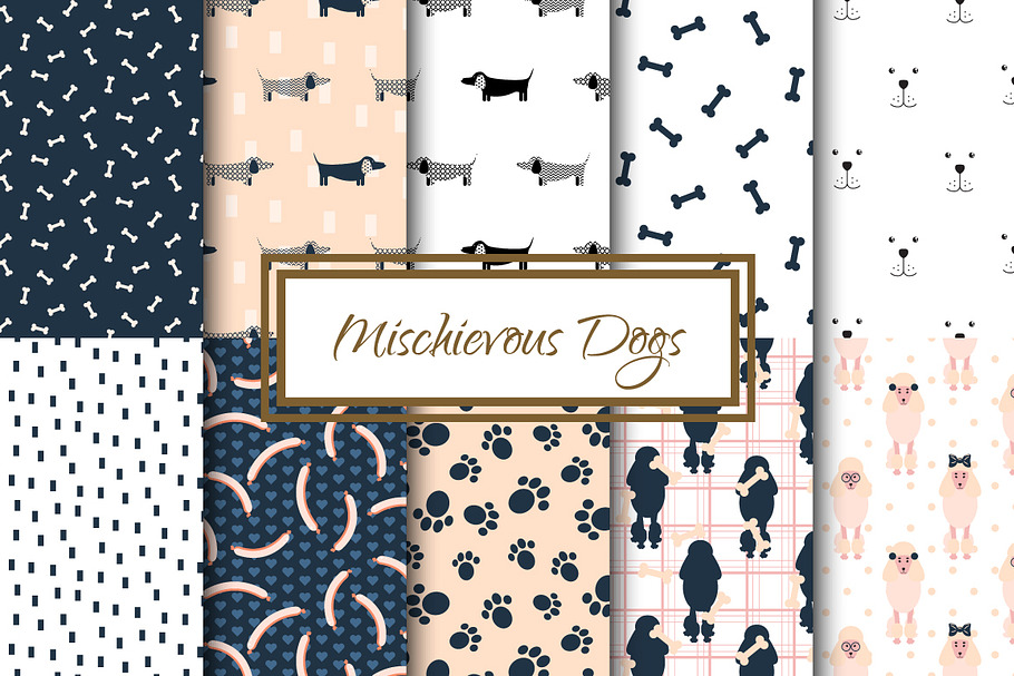 Mischievous Dogs seamless patterns