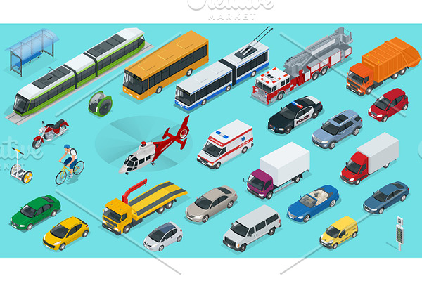Flat 3d isometric city transport icon set. Taxi, Ambulance, trolleybus, Police, safari travel, Bicycle, Mini, Subway train, Fire-truck, cargo-truck, bus, Electric car, scooter, Sedan