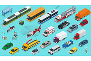 Flat 3d isometric city transport icon set. Taxi, Ambulance, trolleybus, Police, safari travel, Bicycle, Mini, Subway train, Fire-truck, cargo-truck, bus, Electric car, scooter, Sedan