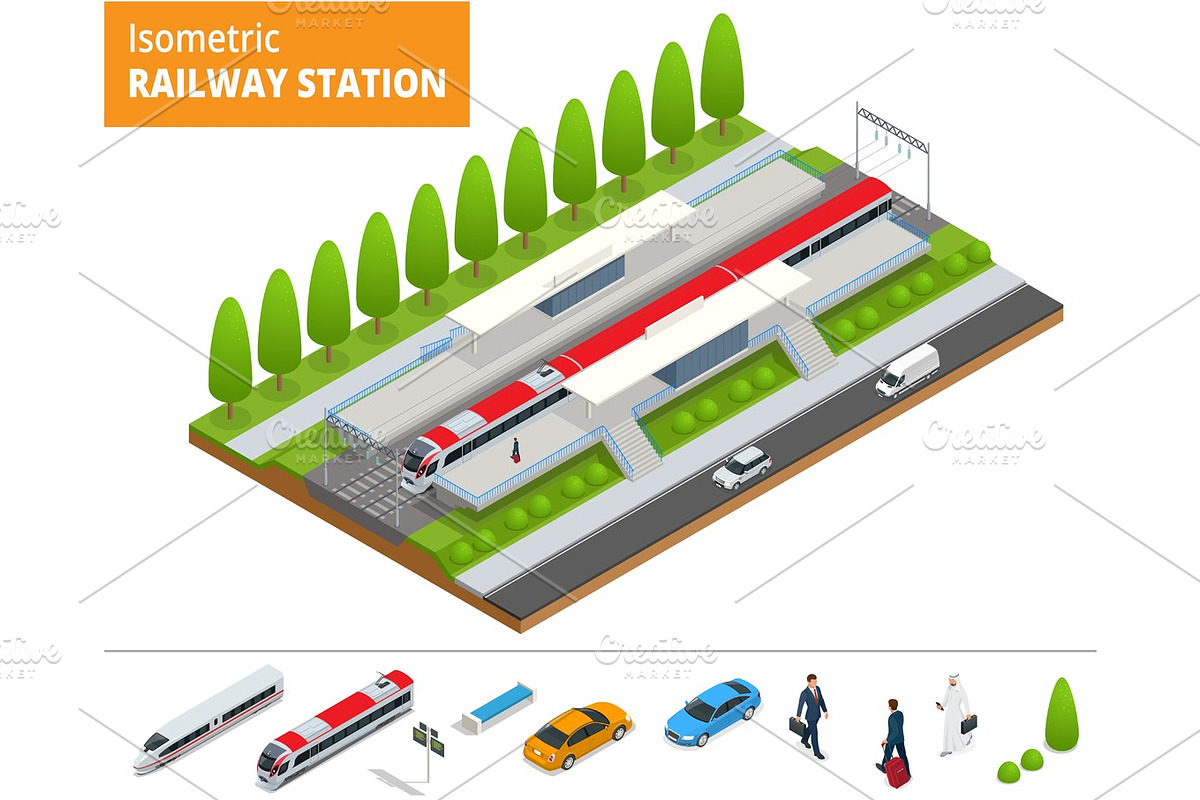 Vector isometric infographic element Railway Station Building Terminal. City Train. Building Facade Train Station public train station building with passenger trains, platform, related infrastructure in Illustrations - product preview 8