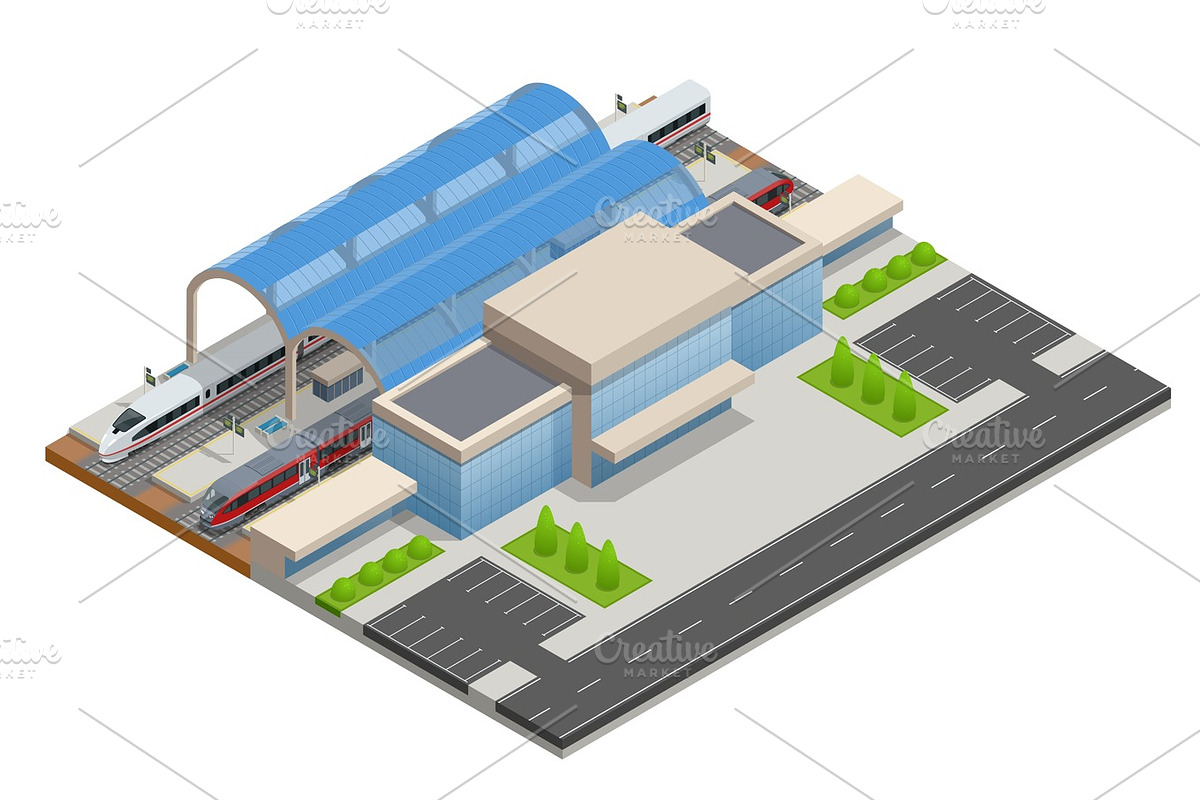 Vector isometric infographic element Railway Station Building Terminal. City Train. Building Facade Train Station public train station building with passenger trains, platform, related infrastructure in Illustrations - product preview 8