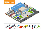 Vector isometric infographic element Railway Station Building Terminal. City Train. Building Facade Train Station public train station building with passenger trains, platform, related infrastructure