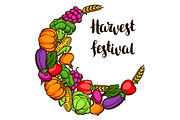 Harvest decorative element. Autumn illustration with ribbon, seasonal fruits and vegetables