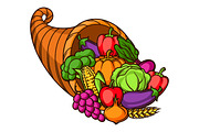 Harvest illustration .Autumn cornucopia with seasonal fruits and vegetables