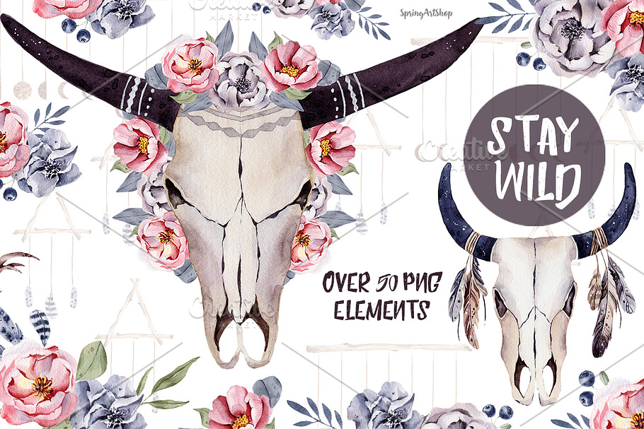 Stay wild boho skulls & bouquets in Illustrations - product preview 8