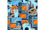Seamless pattern with home appliances. Household items for sale and shopping advertising background